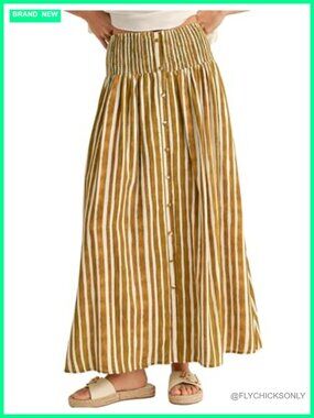 Striped Maxi Skirt with Pockets A-Line Boho Elastic Waist Front Buttons